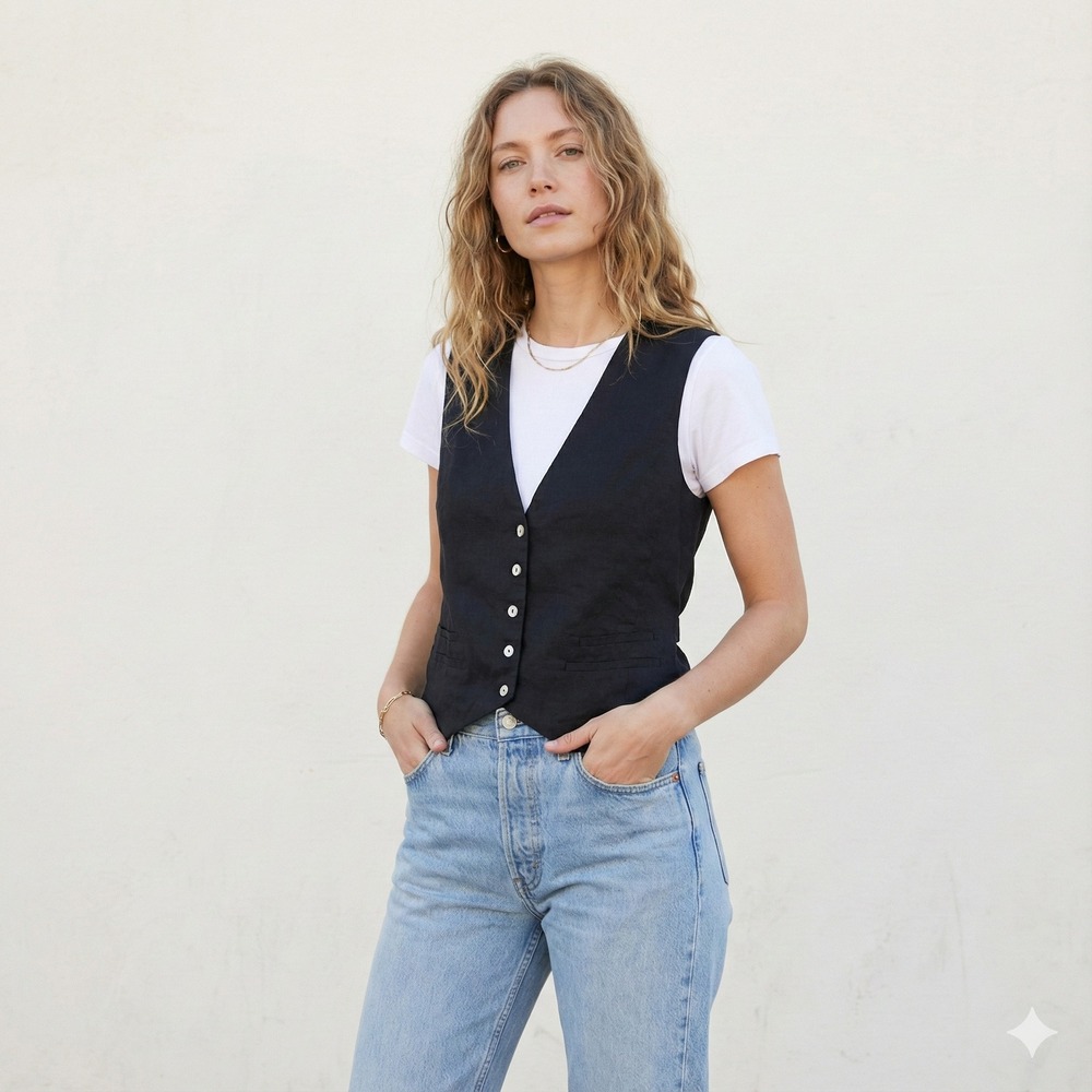 VRG GRL Streets Black Linen Vest Womens 6 Button Front Gilet Preppy Minimalist